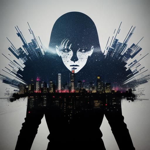 Woman in Spray Paint Style with City Silhouette