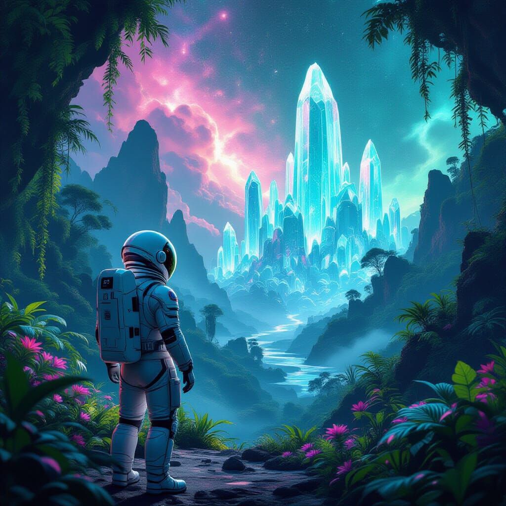 Astronaut Encounters Alien Jungle in Emerald and Magenta Lig...