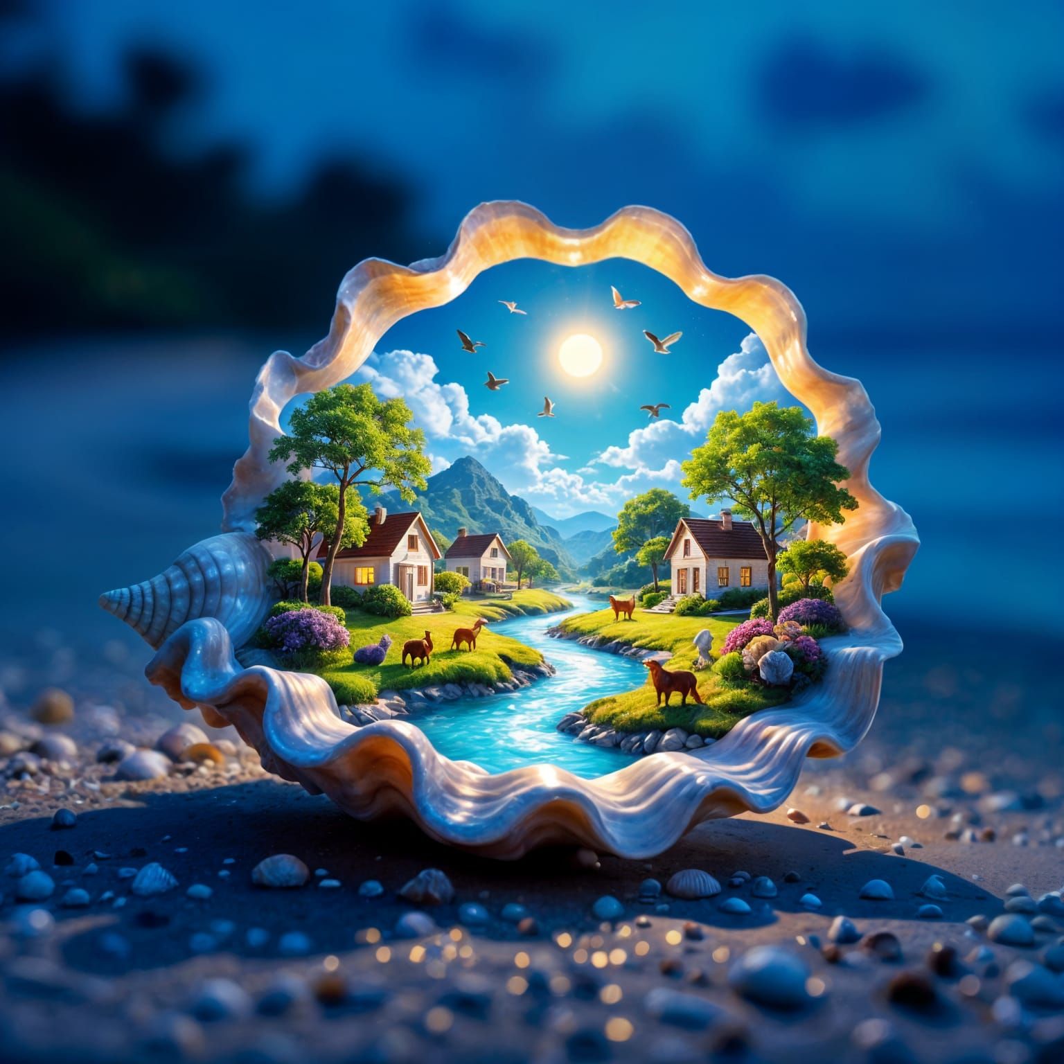 Seashell World at Night: Countryside Inside Conch