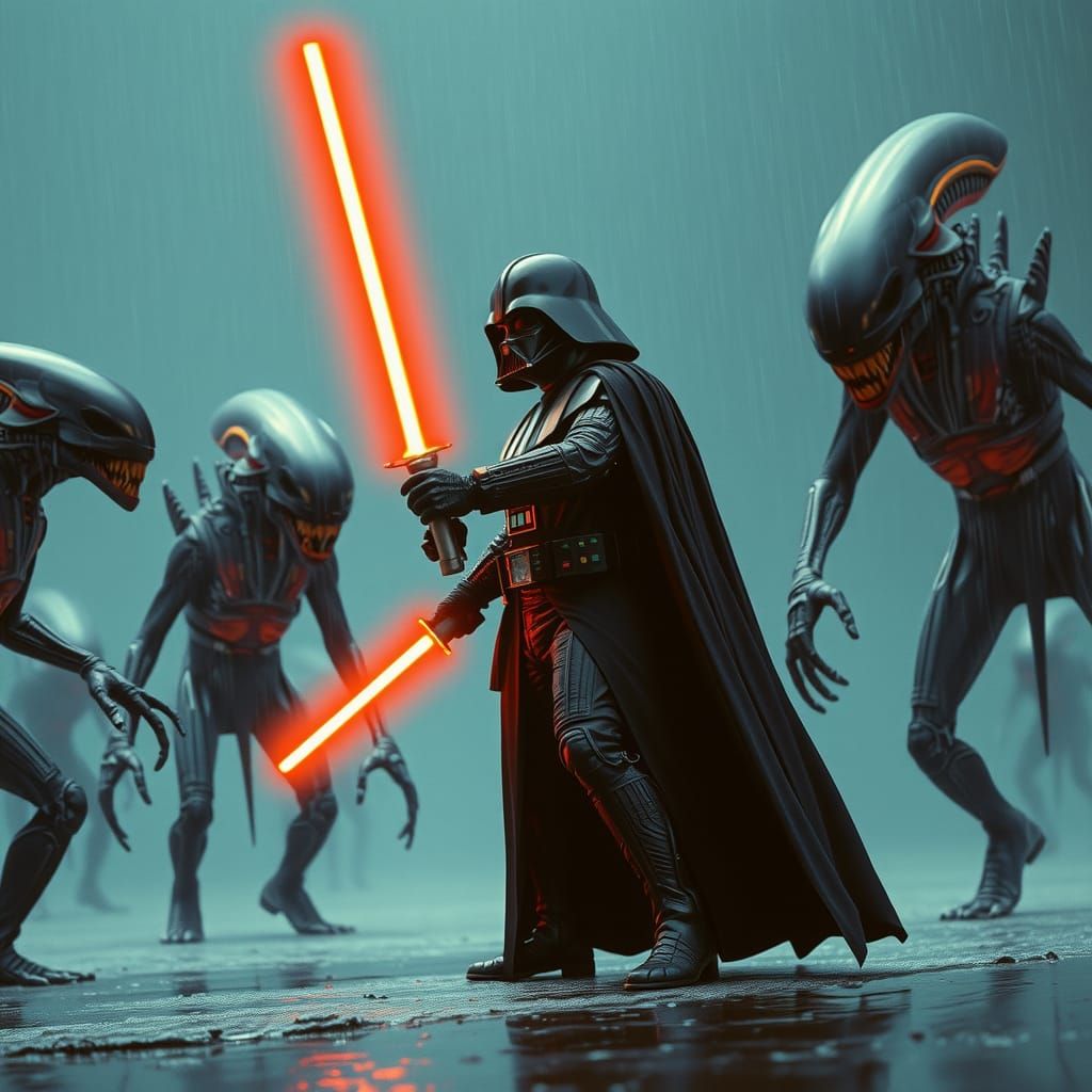 Darth Vader using two red lightsabers against attacking Xeno...