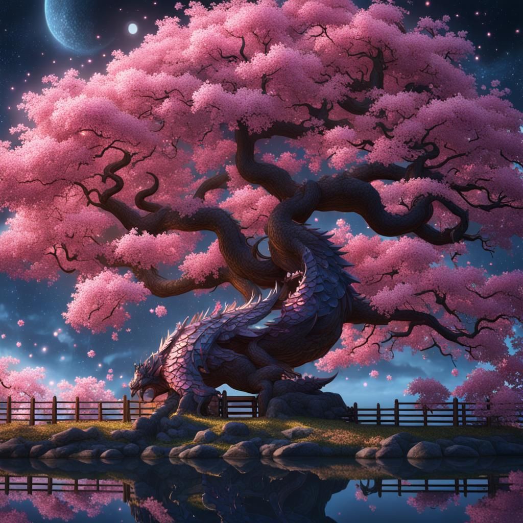 Celestial Cherry Blossom Tree with Dragon, Digital Art