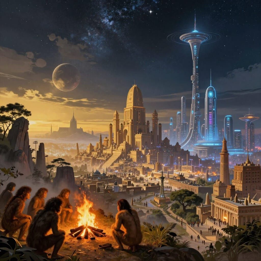 Humanity's Progress: A Digital Matte Painting of Evolution