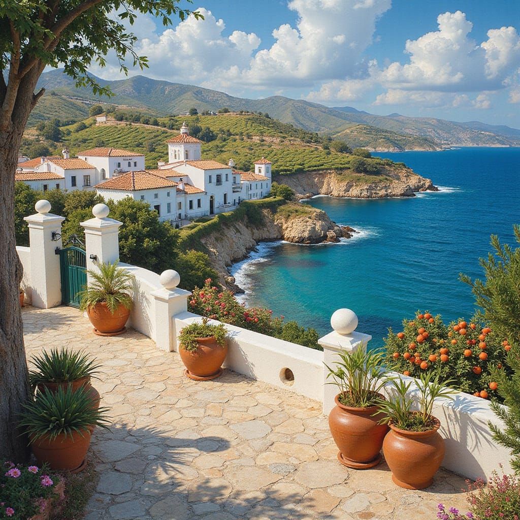 Mediterranean Seashore Scene in Vibrant Mosaic Style