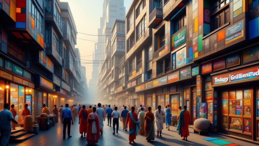 Indian Cityscape Fusion: Vermeer, Bacon, Sugimoto Styles
