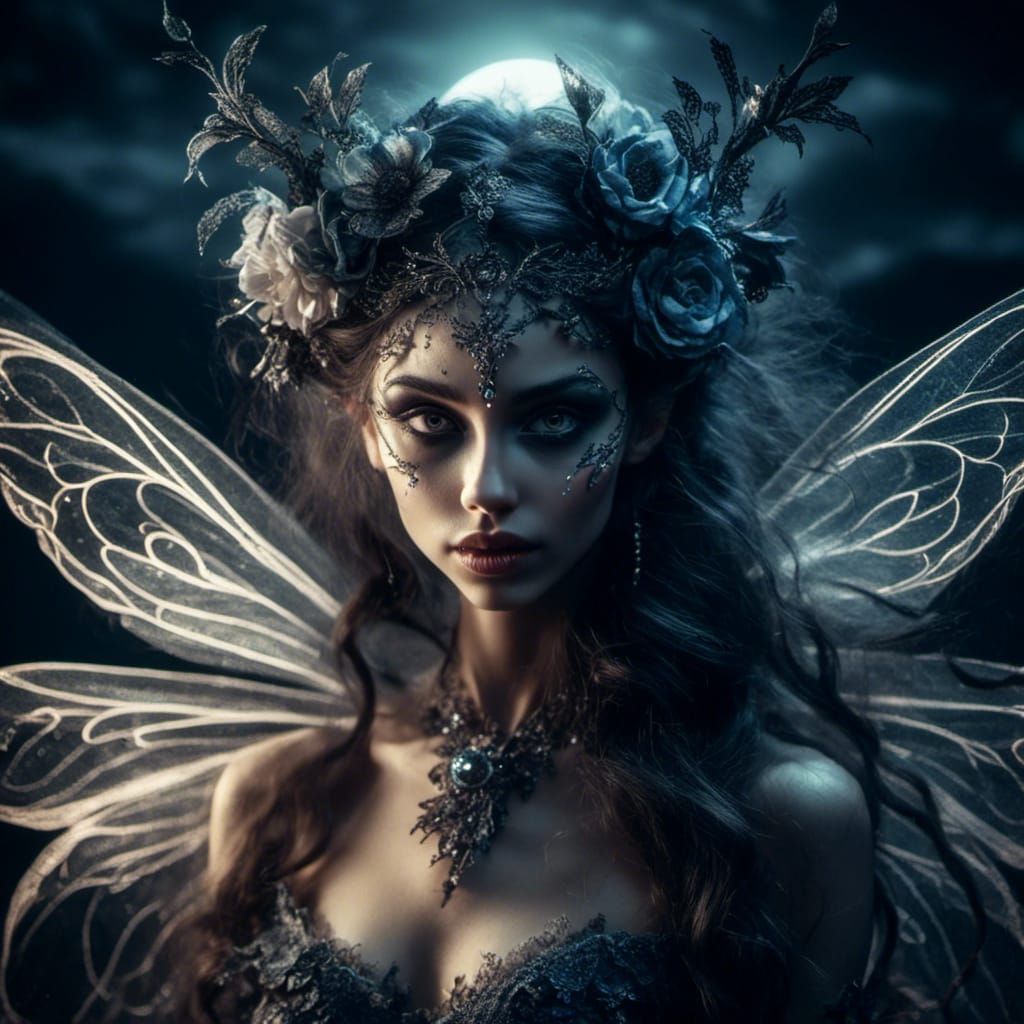 Dark Night Fairy Portrait with Full Moon