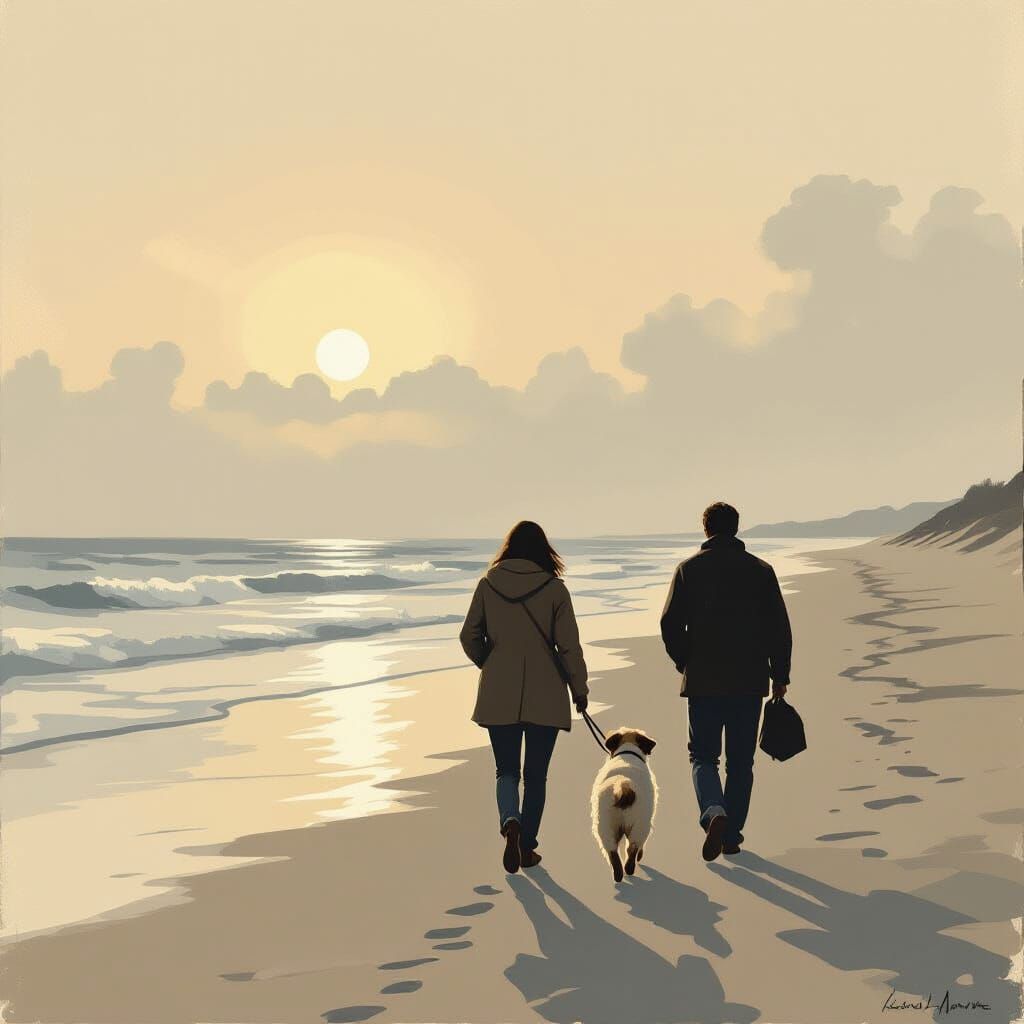 Person and Dog on Beach at Sunrise: Romantic Style
