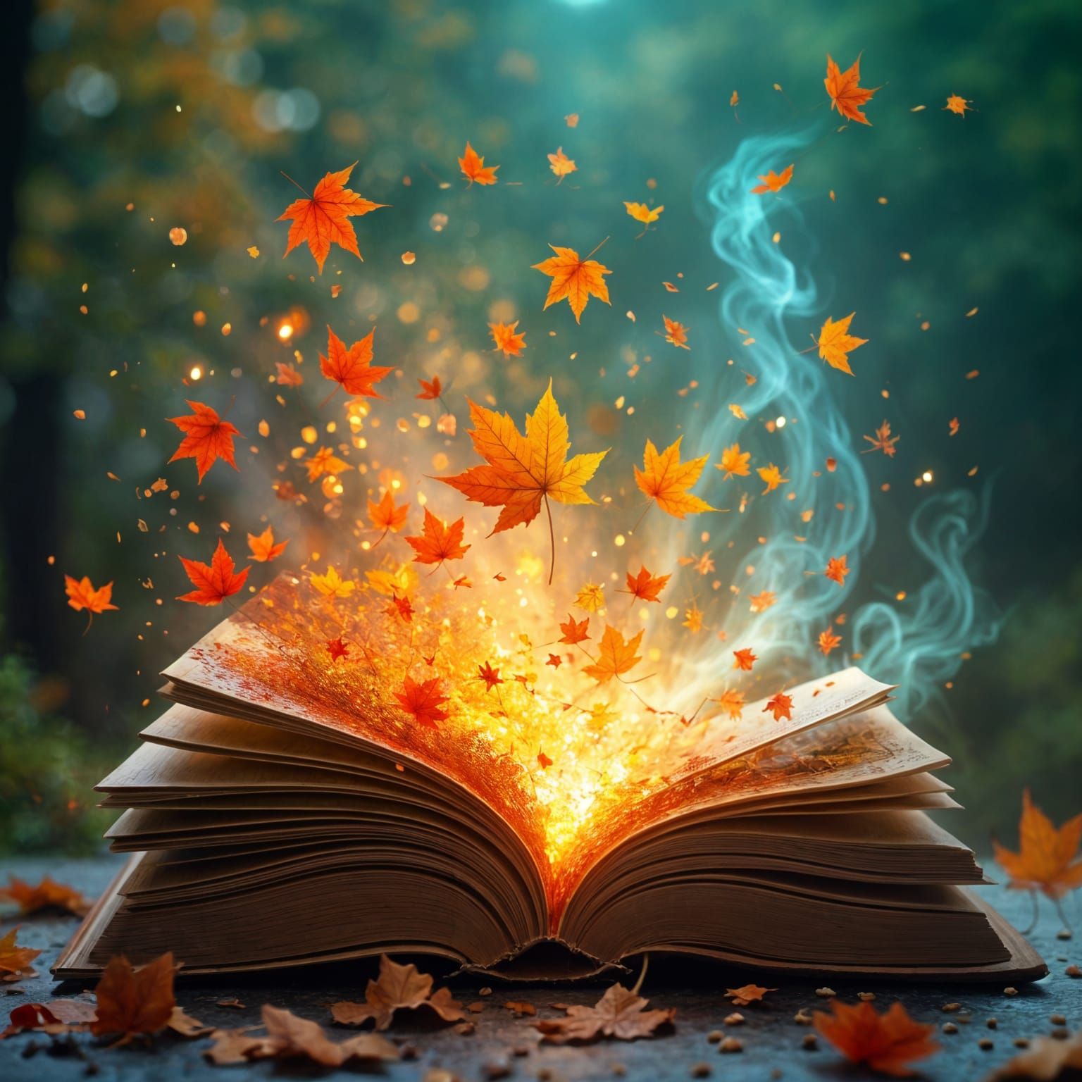 Ethereal Autumn Scene: Fairies Bursting From Magical Book