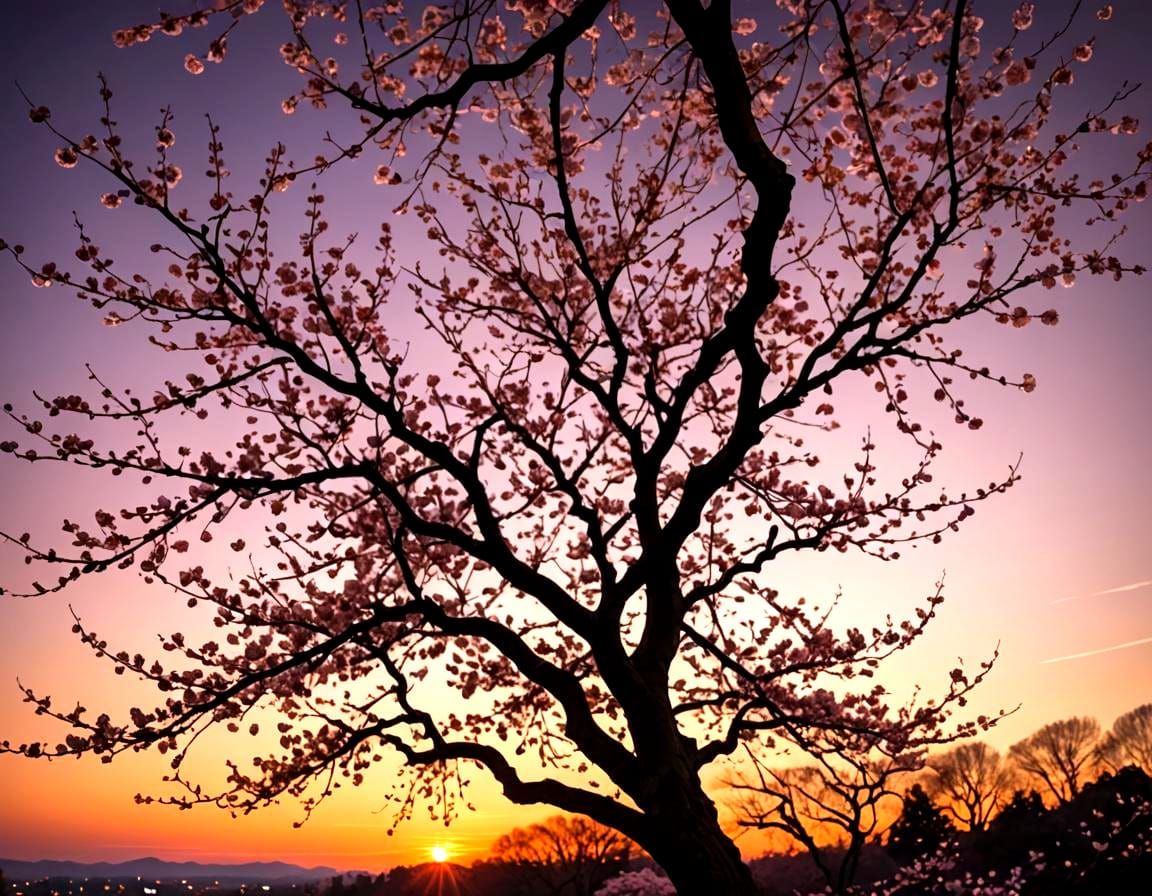 Cherry Blossom Silhouette at Sunset: Fine Art Photography