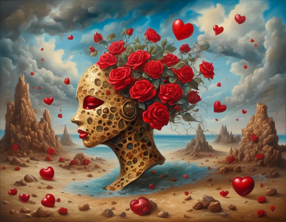 Surreal Woman Mask Rock Fusion in Oil Painting