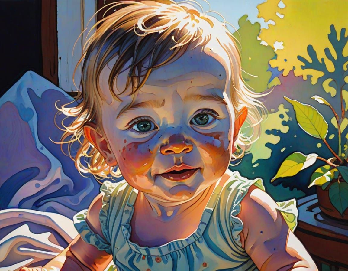 Cheerful Baby with Smallpox in Bright Daylight