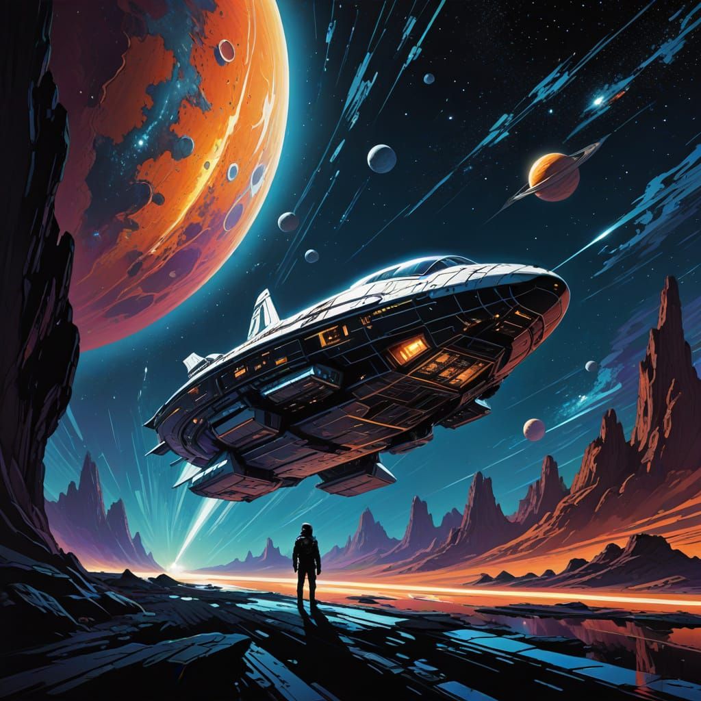 Spaceship Soaring Through Cosmos in Cosmic Illustration Styl...