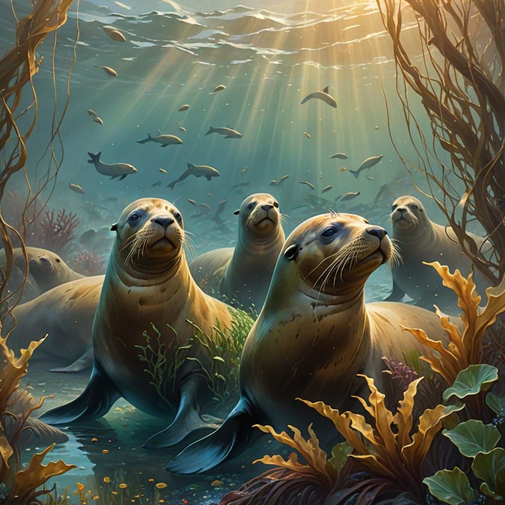 Sea Lions in Kelp Beds: Ethereal Fantasy Art