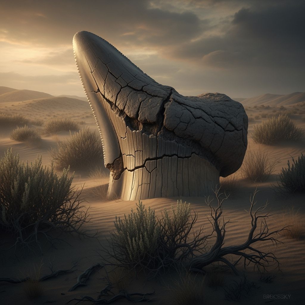 Colossal Fossilized Shark Tooth in Arid Desert Landscape
