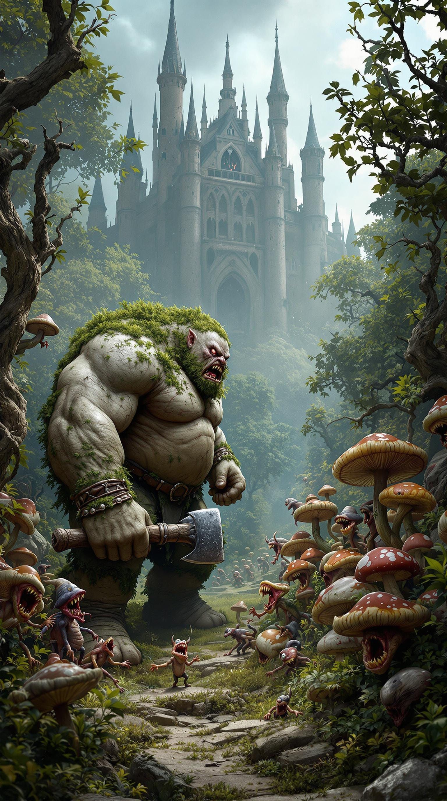 Garden of Chaos: Cyclops vs. Ogre in a Fiery Diorama