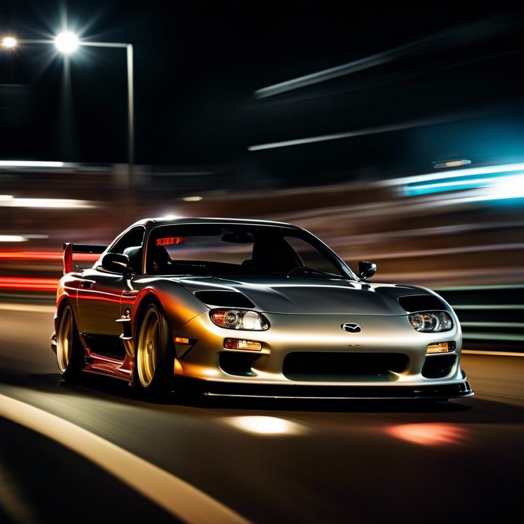 Speeding Mazda RX7 at Night with Motion Blur