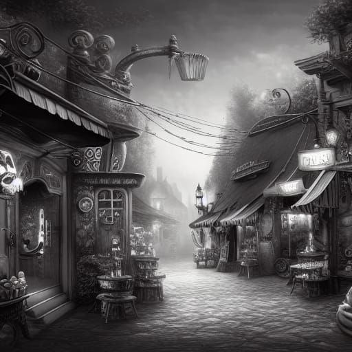 Black and White Whimsical Bakery in Fantasy Style
