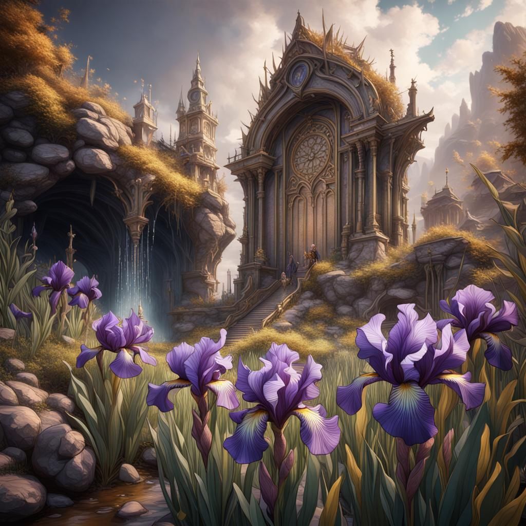Detailed Iris Flowers in Fantasy Concept Art