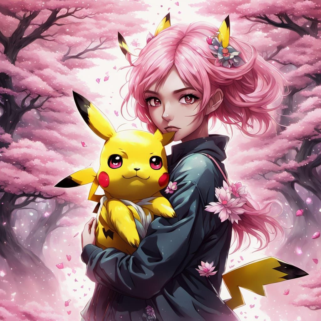 Anime Sakura Girl Adores Pikachu in Vibrant Fractal Landscap...