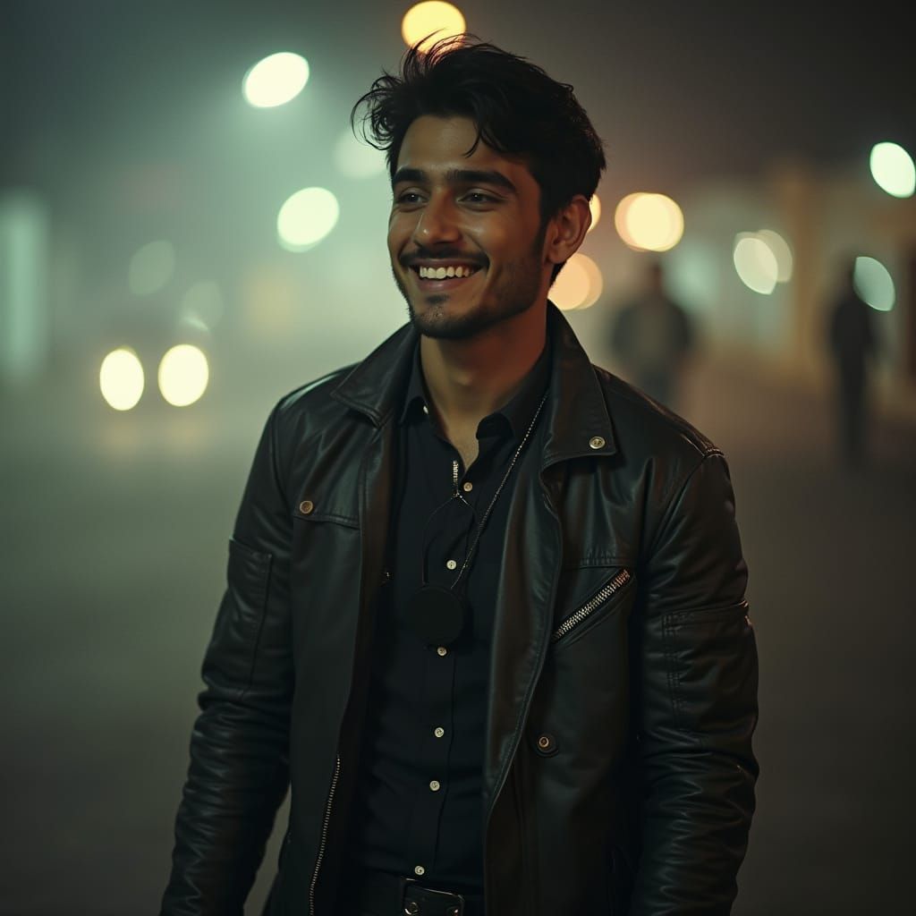 Handsome Motorcyclist in Cinematic Film Still