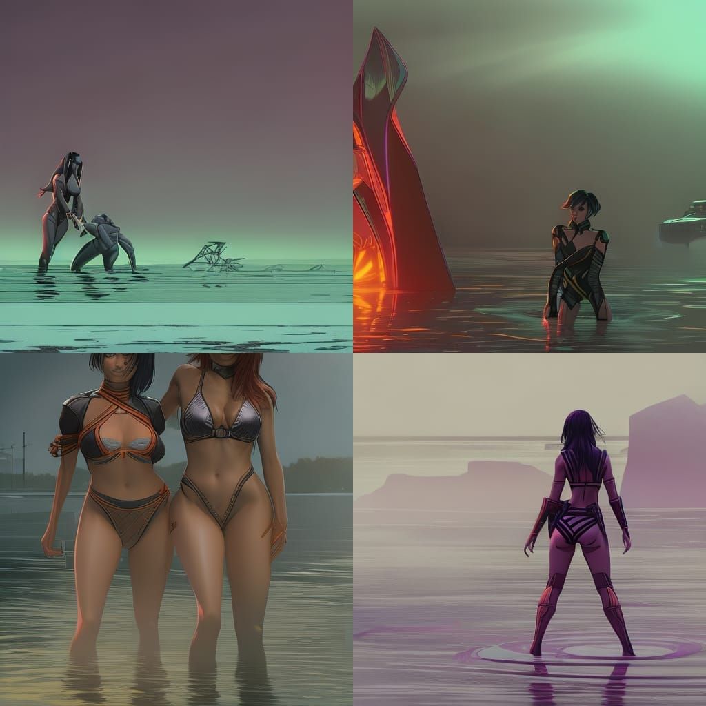Cyberpunk Anime Girls Play in Neon Lit Water