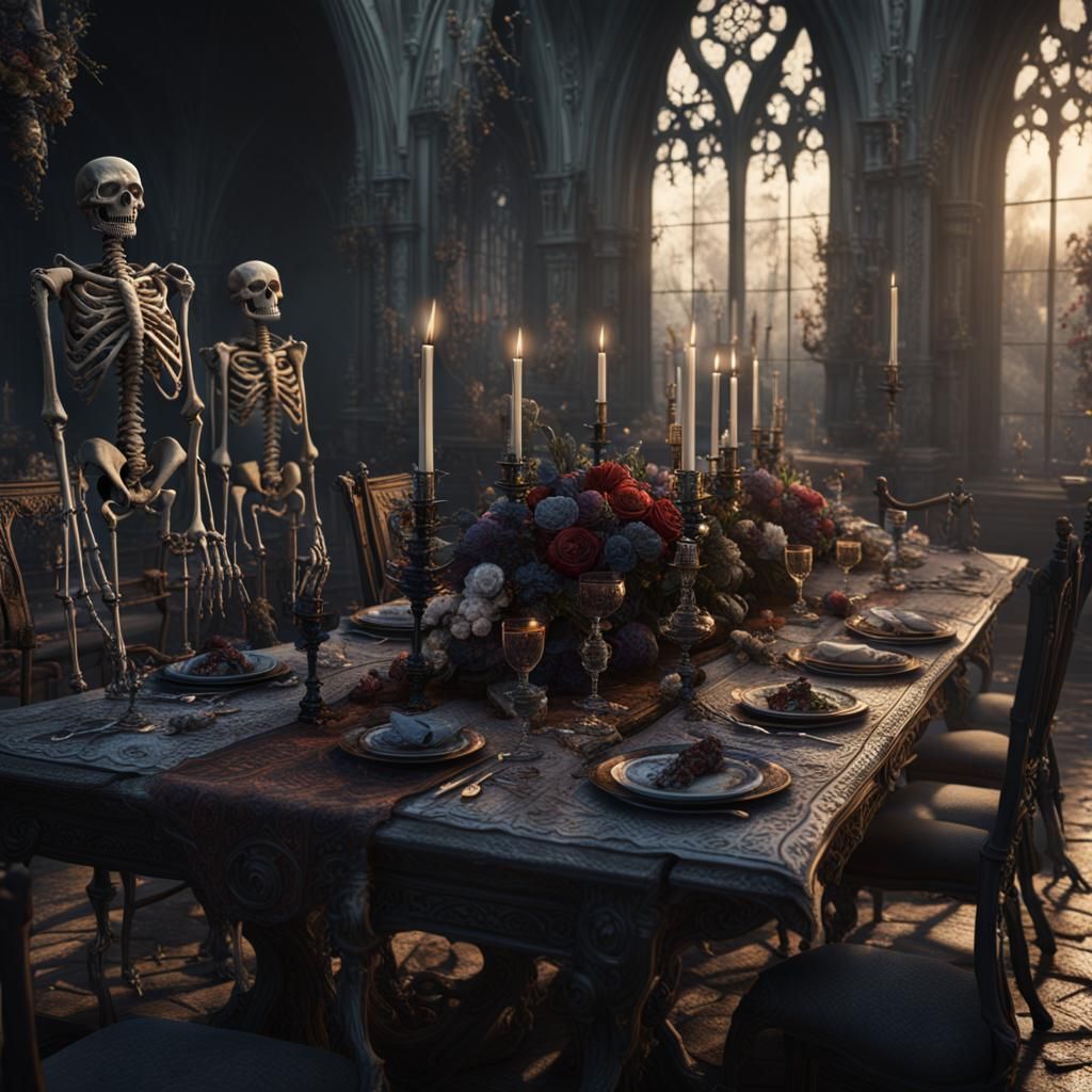 Gothic Dining Table Scene with Skeletons