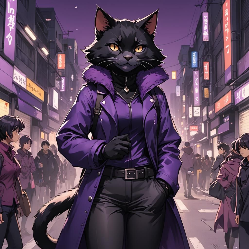 Anime-Style Catfolk in Purple Clothes