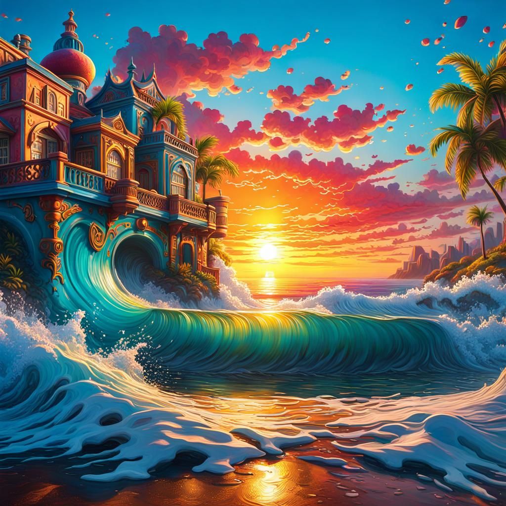 Hyperrealistic Sunrise Ocean Landscape in Graffiti Art Style