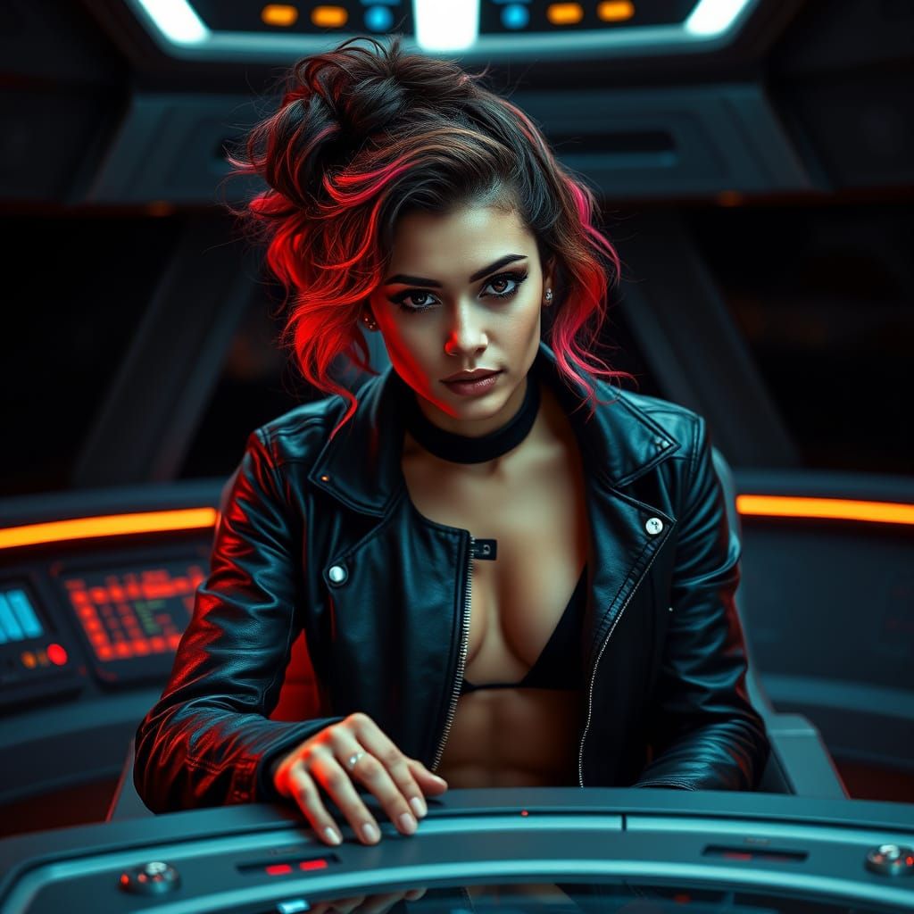 Daring Latina Operative at Starship Console