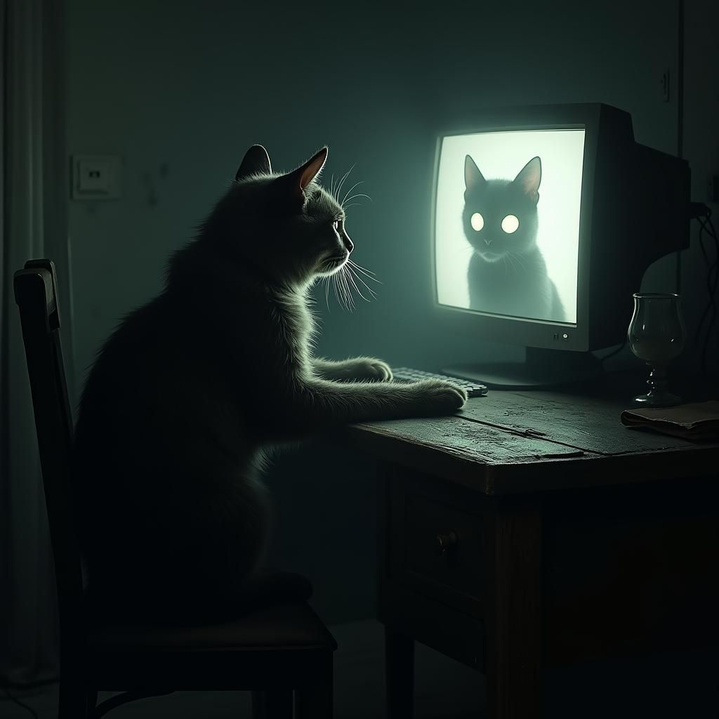 Menacing Cat Hissing at Ghostly Computer Cat