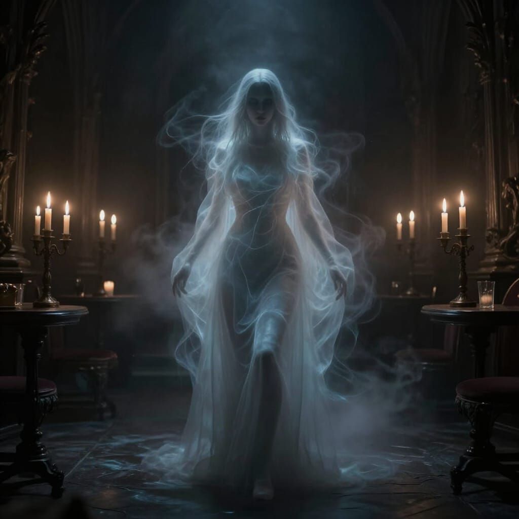 Ethereal Phantom Woman in Gothic Ballroom