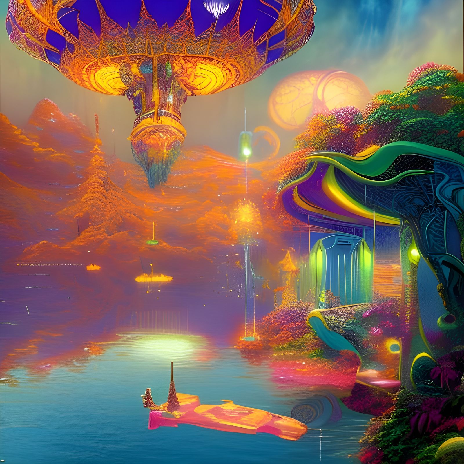 Floating Sci-Fi Paradise in Neon Geometric Art