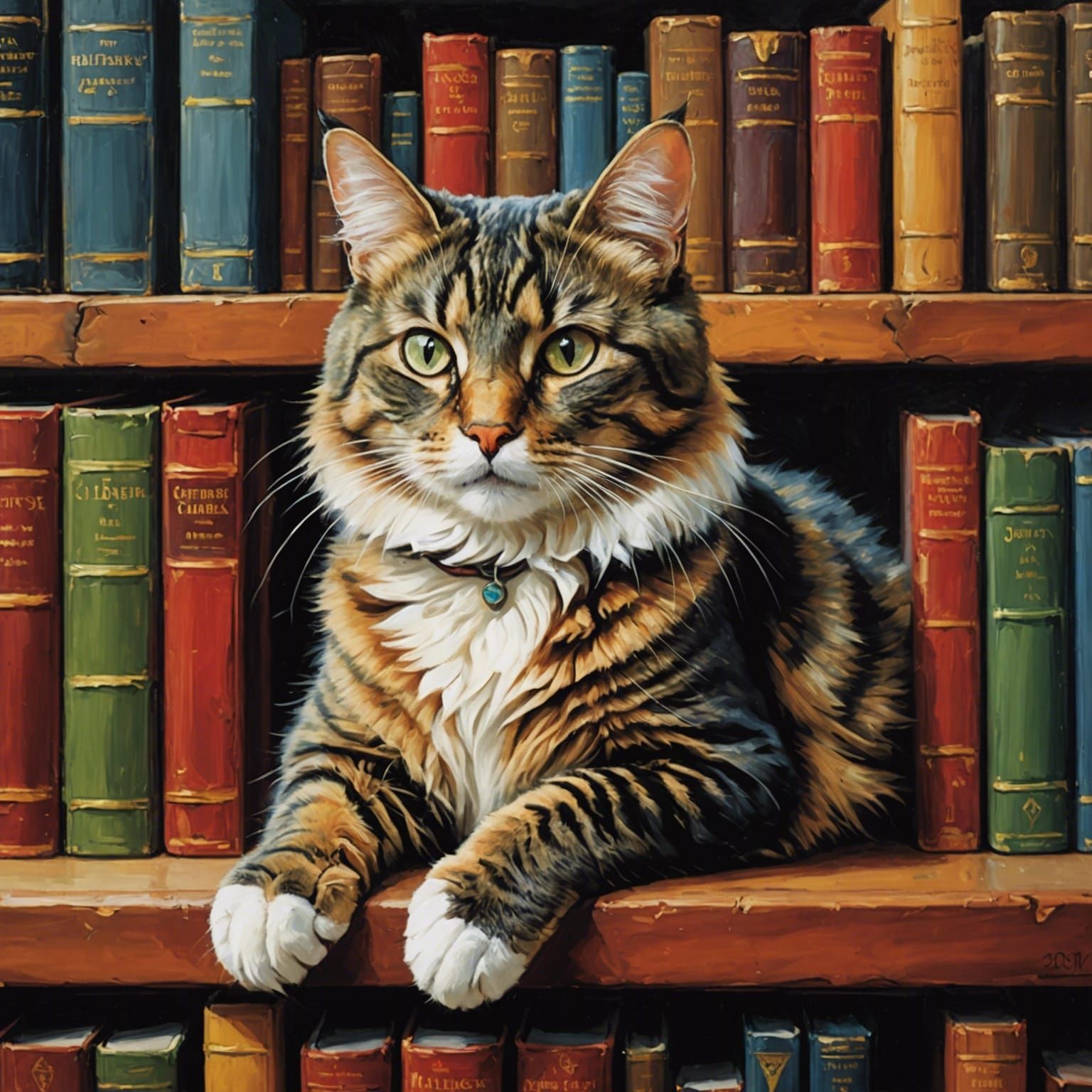 Library Cat in Mystery Section: Oil Painting