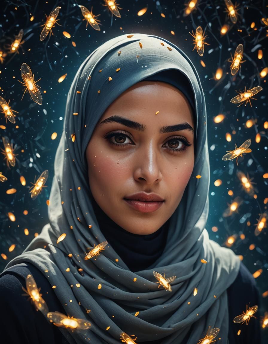Girl in Hijab with Fireflies: Cinematic Still