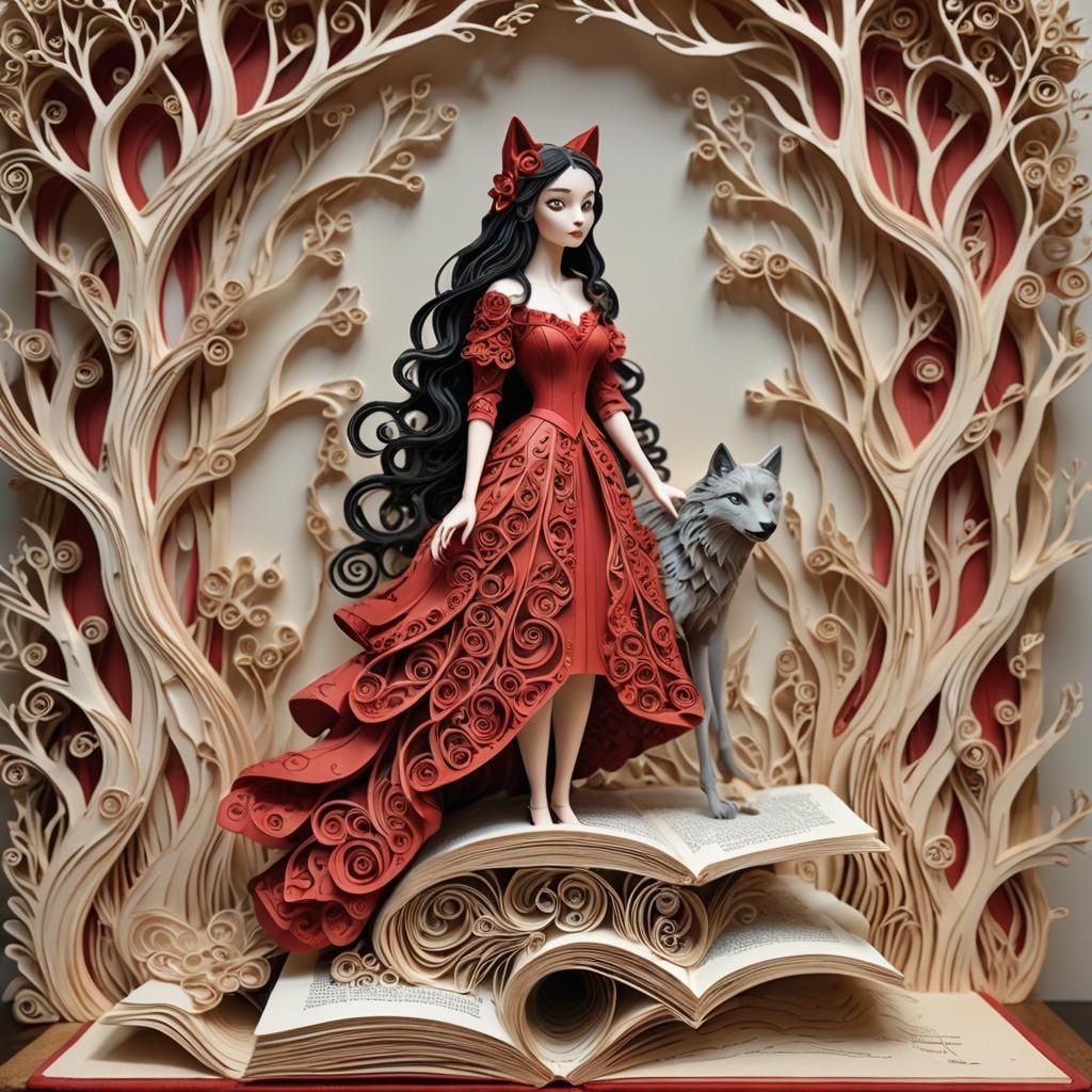 Woman in Red Dress: Intricate Fantasy Storybook Art