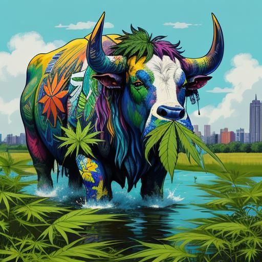 Hippie Bull Smoking Joint in Graffiti Art Style