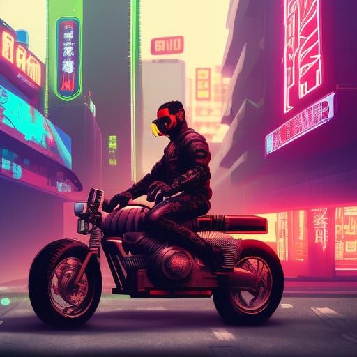 Cyberpunk Motorcycle Rider in Cityscape