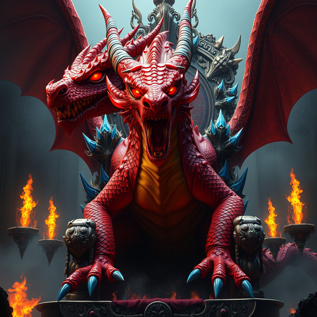 Majestic Red Dragon on Ornate Throne, Fantasy Art