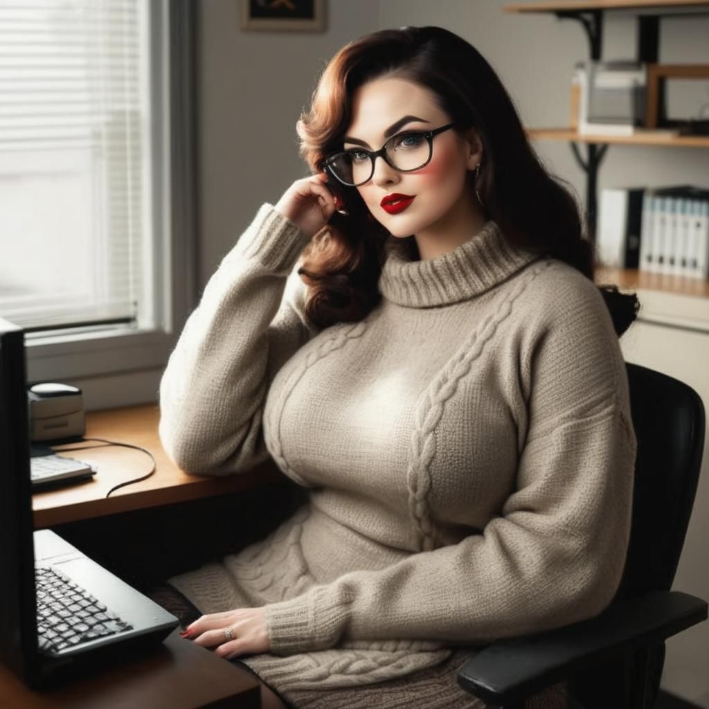 Modern Pin-Up Girl Working on Computer