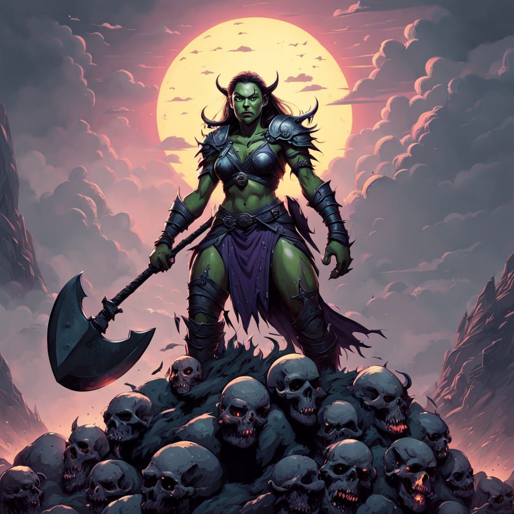 Orc Warrior on Skull Mountain in Dark Fantasy Art