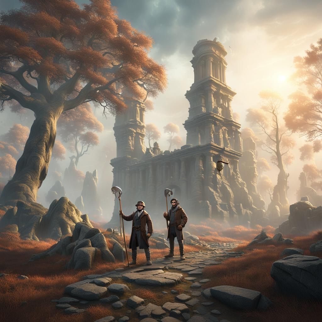 Steampunk Stone Age Village in Misty Valley