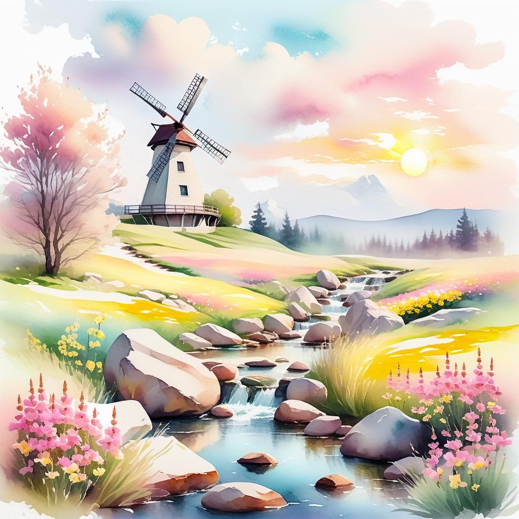 Pastel Meadow Scene with Windmill in Watercolor Style