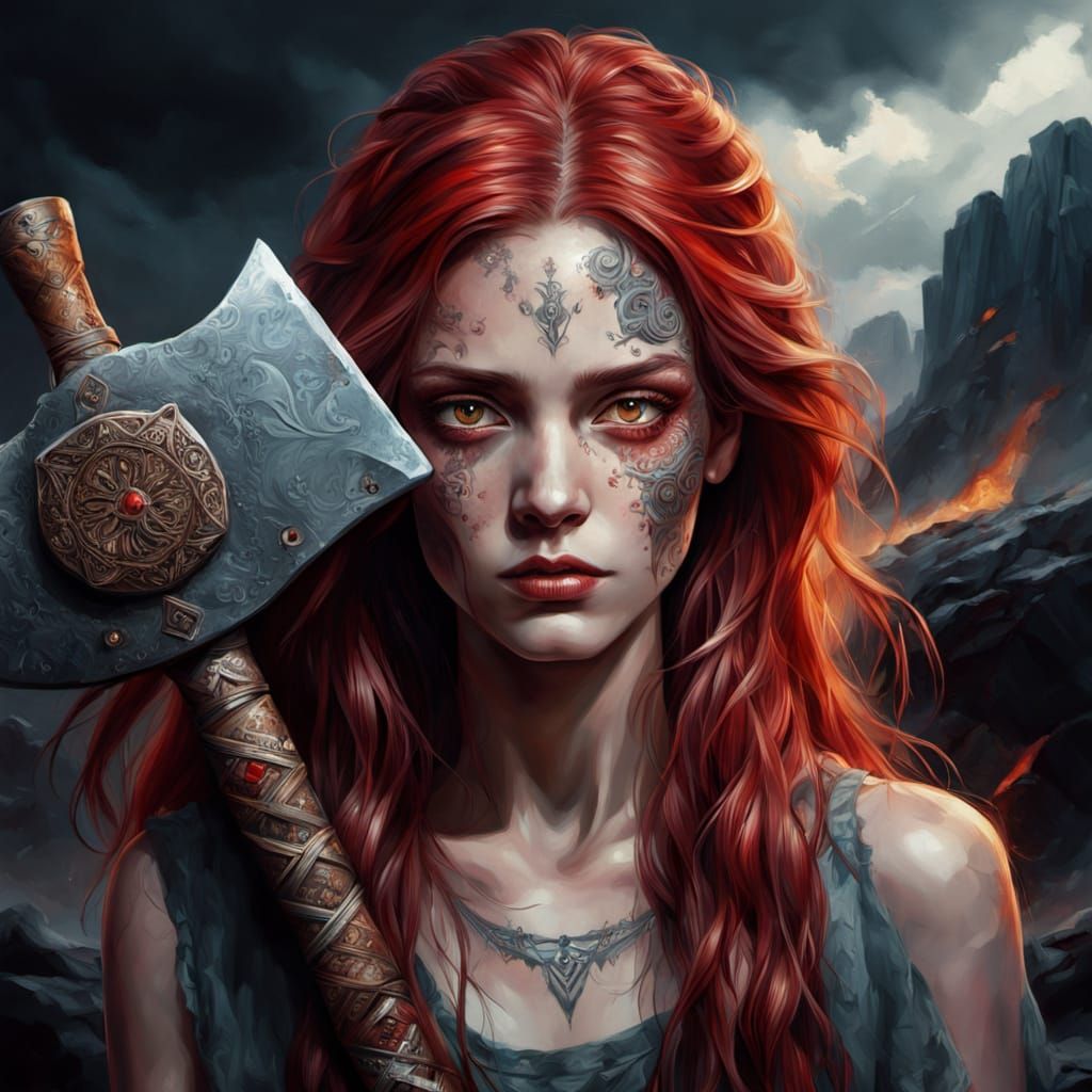 Crimson Haired Woman with Axe: Surreal Digital Portrait