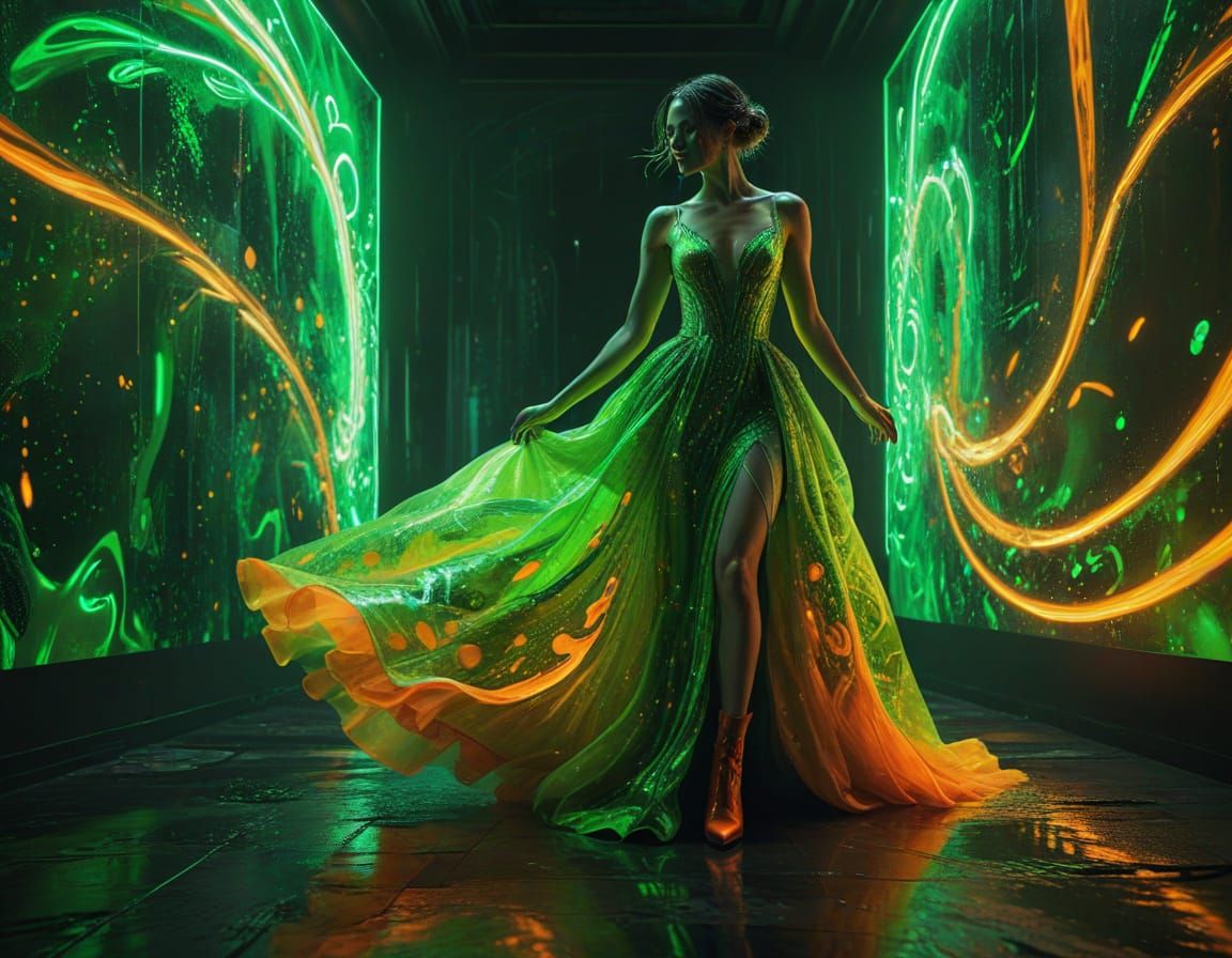 Neo-Impressionist Model in Glowing Neon Green & Orange Gown