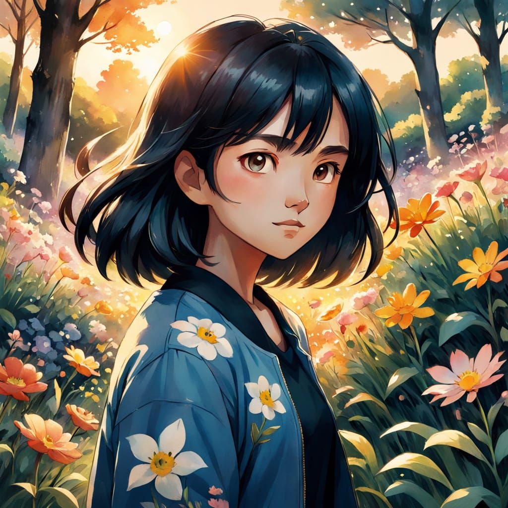 Confident Female Pokémon Trainer in a Vibrant Floral Field