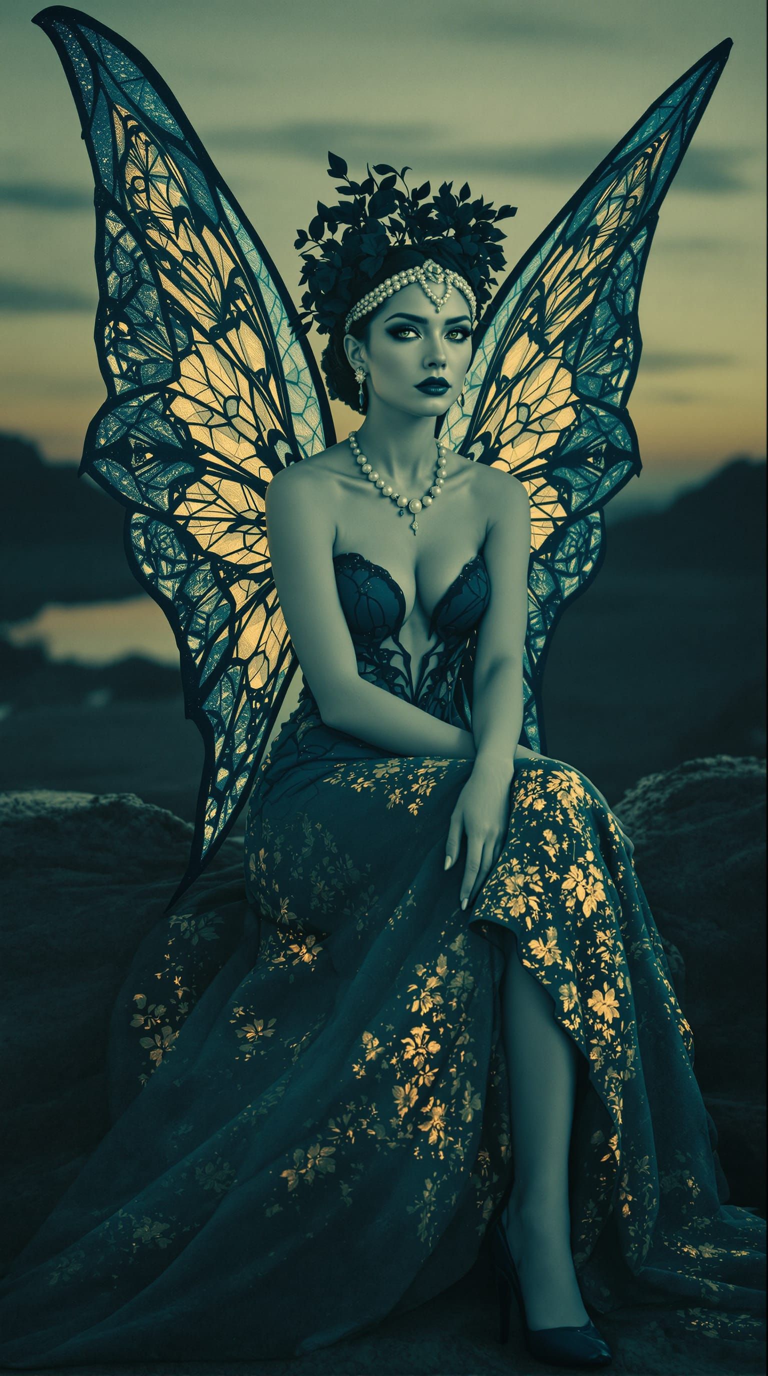 Twilight Portrait: Woman in Stained Glass Gown & Wings