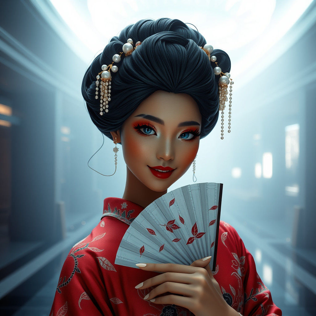 Vedic Woman in Futuristic Lobby with Kimono