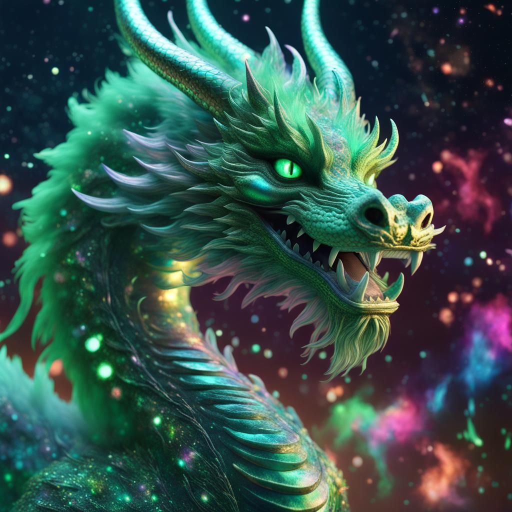 Smiling Green Dragon in a Galaxy of Stars