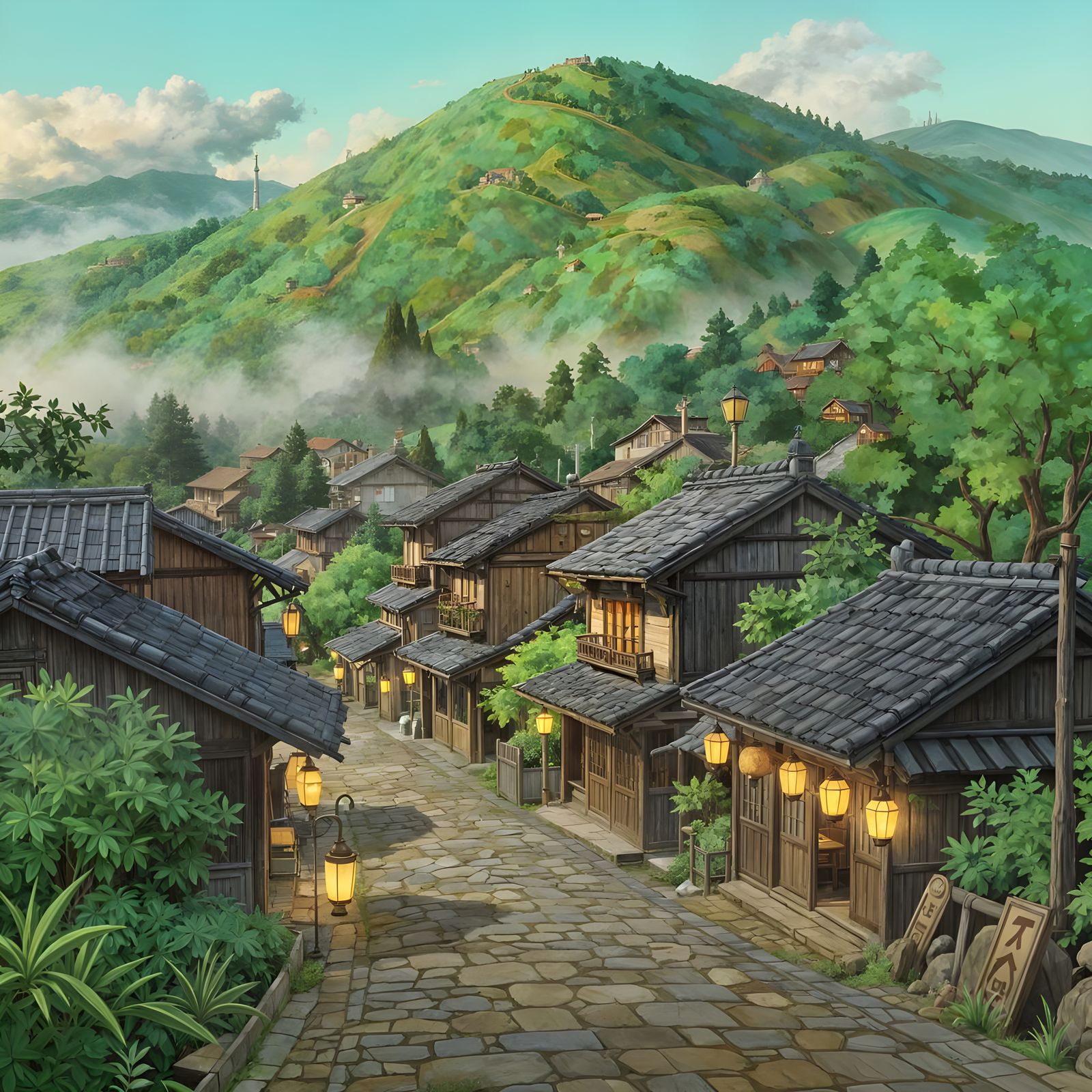 Enchanting Ghibli Style Mystic Town Landscape