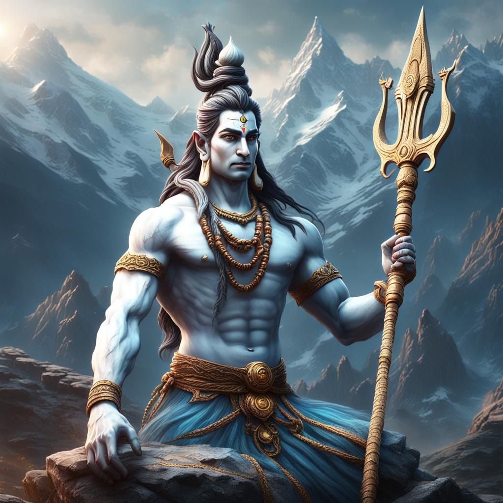 Lord Shiva with Trident in Detailed Matte Painting