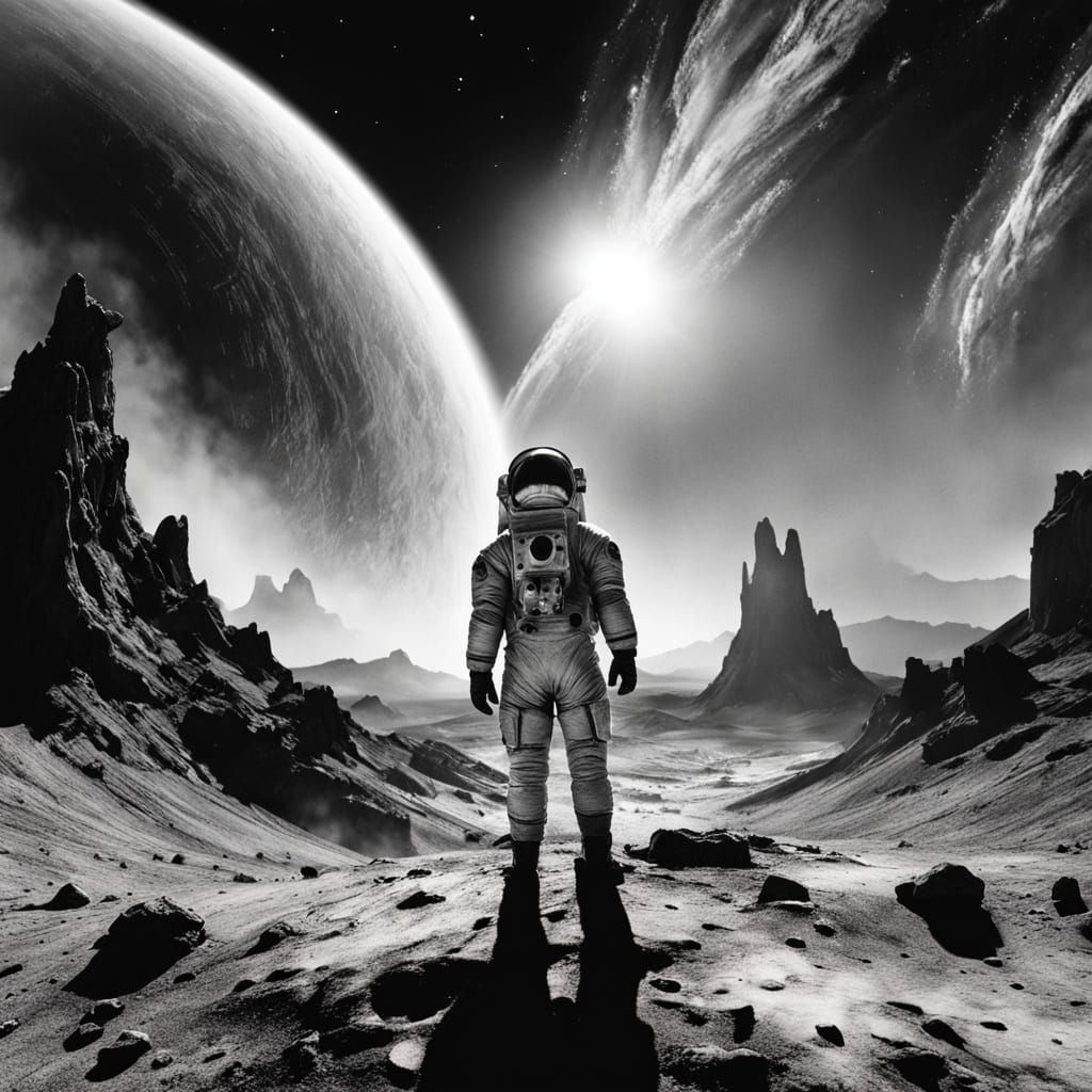 Astronaut Contemplating a Swirling Nebula on a Desolate Plan...